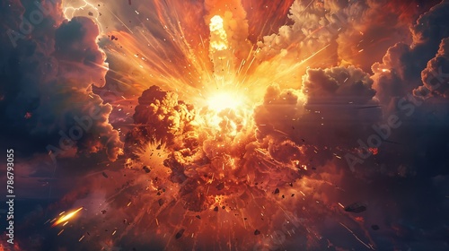 A powerful explosion rips through the sky as a missile meets its target, captured in high detail photo