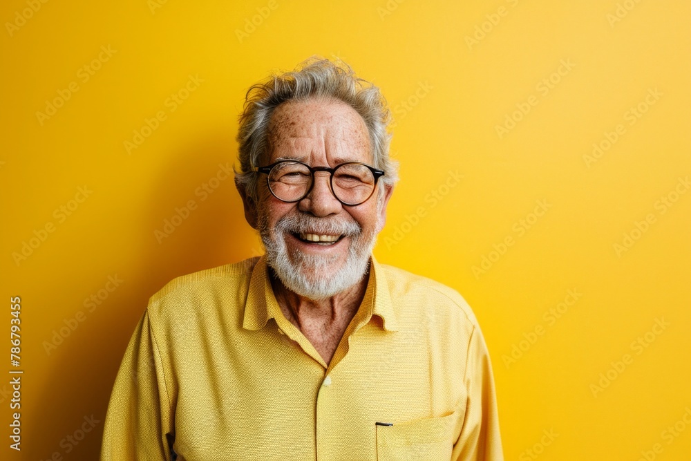 Portrait of happy senior man with eyeglasses on yellow background Portrait of happy senior man with eyeglasses on yellow background