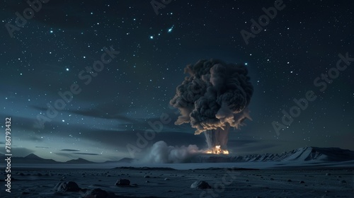 A dramatic scene of a nuclear bomb launch at night, smoke swirling under the stars