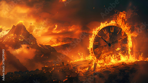 Apocalyptic Time: Fiery Clock amidst Cataclysmic Landscape, Dramatic Art Style for Book Covers and Music Album Art, Intense and Thrilling Concept, suitable for storytelling visuals and game design photo