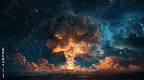 A dramatic scene of a nuclear bomb launch at night, smoke swirling under the stars
