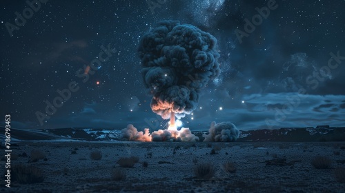 A dramatic scene of a nuclear bomb launch at night, smoke swirling under the stars