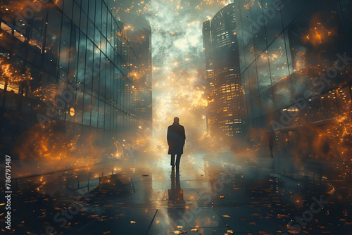 Mysterious man walks through a foggy, illuminated cityscape, creating a cinematic feel ideal for film noir inspirations and urban photography exhibitions