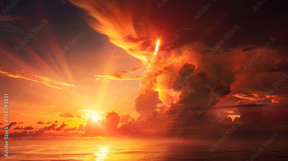 A breathtaking sunset scene featuring a missile launch, a vivid portrayal of power and deterrence