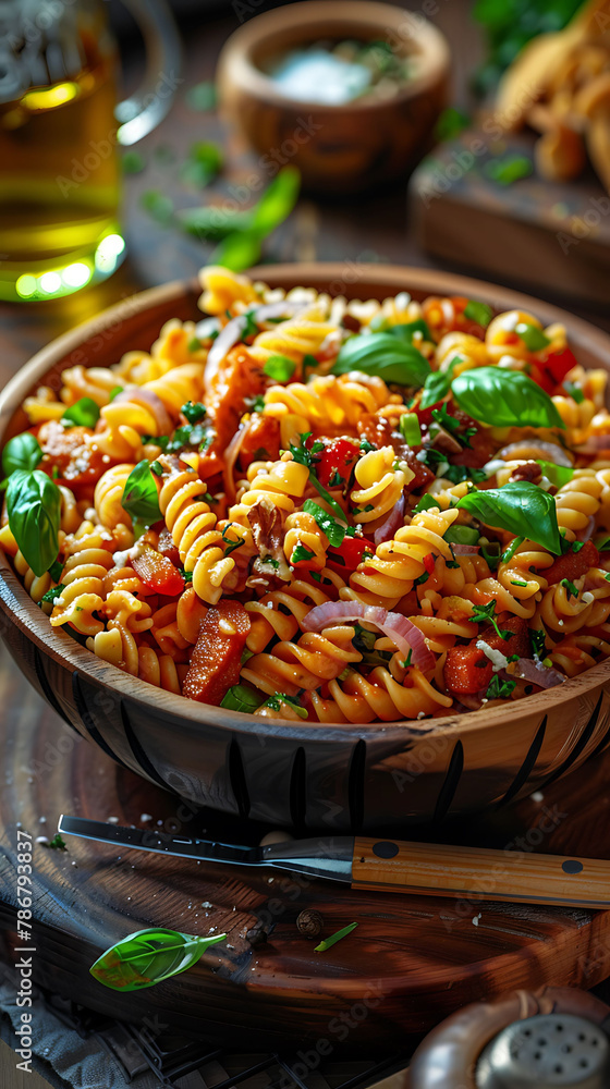 Beautiful presentation of BLT pasta salad, hyperrealistic food photography