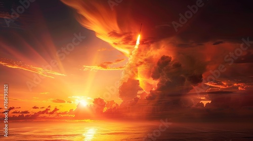 A breathtaking sunset scene featuring a missile launch, a vivid portrayal of power and deterrence