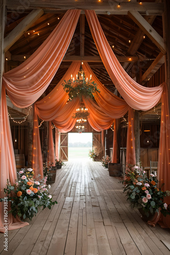 A Barn Venue Draped in Sunset Hues for a Wedding, Combining Rustic Charm with Elegant Styling, for Bridal Editorial, Venue Promotion, Romantic and Homely Concept, ideal for wedding planner portfolios