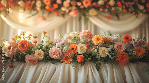 Floral Garland on Wedding Table, Blossoming Affair and Soft Color Palette Style, Celebratory Decoration Concept, suitable for event design and floral arrangement guides