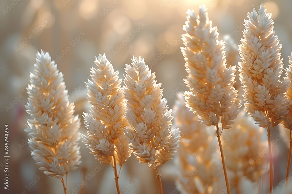 Naklejka premium Wheat Ears in Sunset Light, Harvest Glow and Agricultural Beauty Style, End of Day Serenity Concept, perfect for natural and agricultural publications