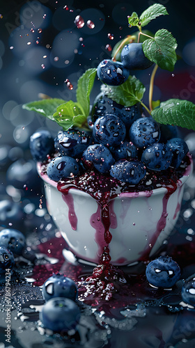 Beautiful presentation of Blueberry compote splattered in a marbled design, hyperrealistic food photography
