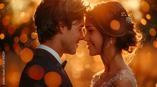 Newlywed Couple in Sunset Light, Intimate Embrace and Warmth Style, Cherished Moments Concept, perfect for wedding stories and romantic lifestyle features