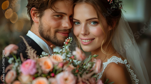 Couple in wedding attire sharing a moment, Classic Romance and Wedding Bliss Style, Unfading Love Concept, perfect for bridal magazines and romantic features