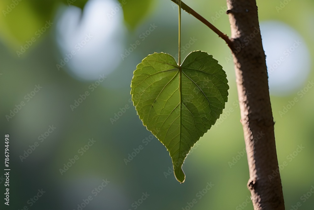 Green Leaf in the Shape of Heart Hanging on Branch, Love Nature Concept Generative AI Green Leaf in the Shape of Heart Hanging on Branch, Love Nature Concept Generative AI