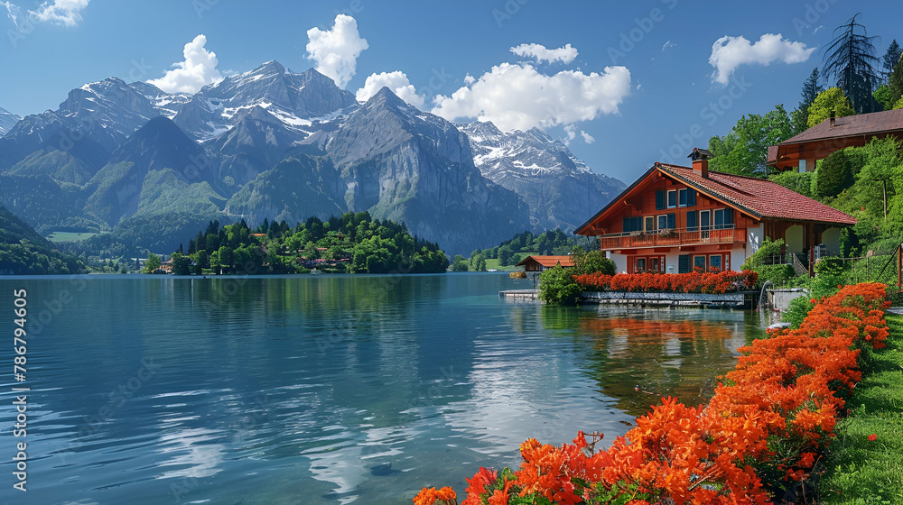 Naklejka premium Idyllic lakeside house with orange flowers, Swiss Alps Charm Style, Lakeshore Serenity Concept, Perfect for Travel and Real Estate Brochures, copy space