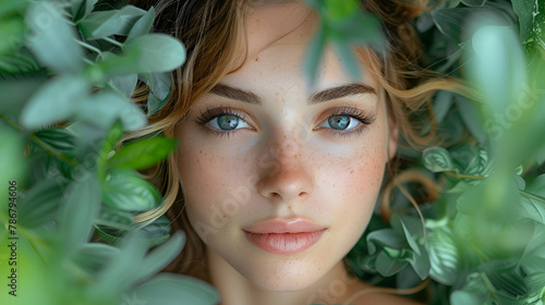 Portrait of a young woman surrounded by lush greenery, Natural Beauty Style, Organic Living Concept, Perfect for Beauty and Wellness Campaigns, copy space