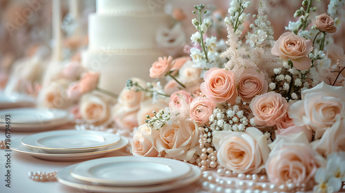 Cream roses tucked into the folds of a bridal veil, with pearls scattered nearby, Delicate Bridal Details Style, Eternal Wedding Beauty Concept, Ideal for Luxury Wedding Themes, copy space