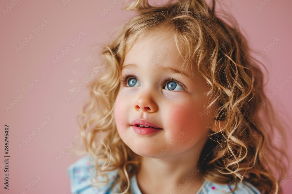 Portrait of a beautiful little girl with curly hair on a pink background