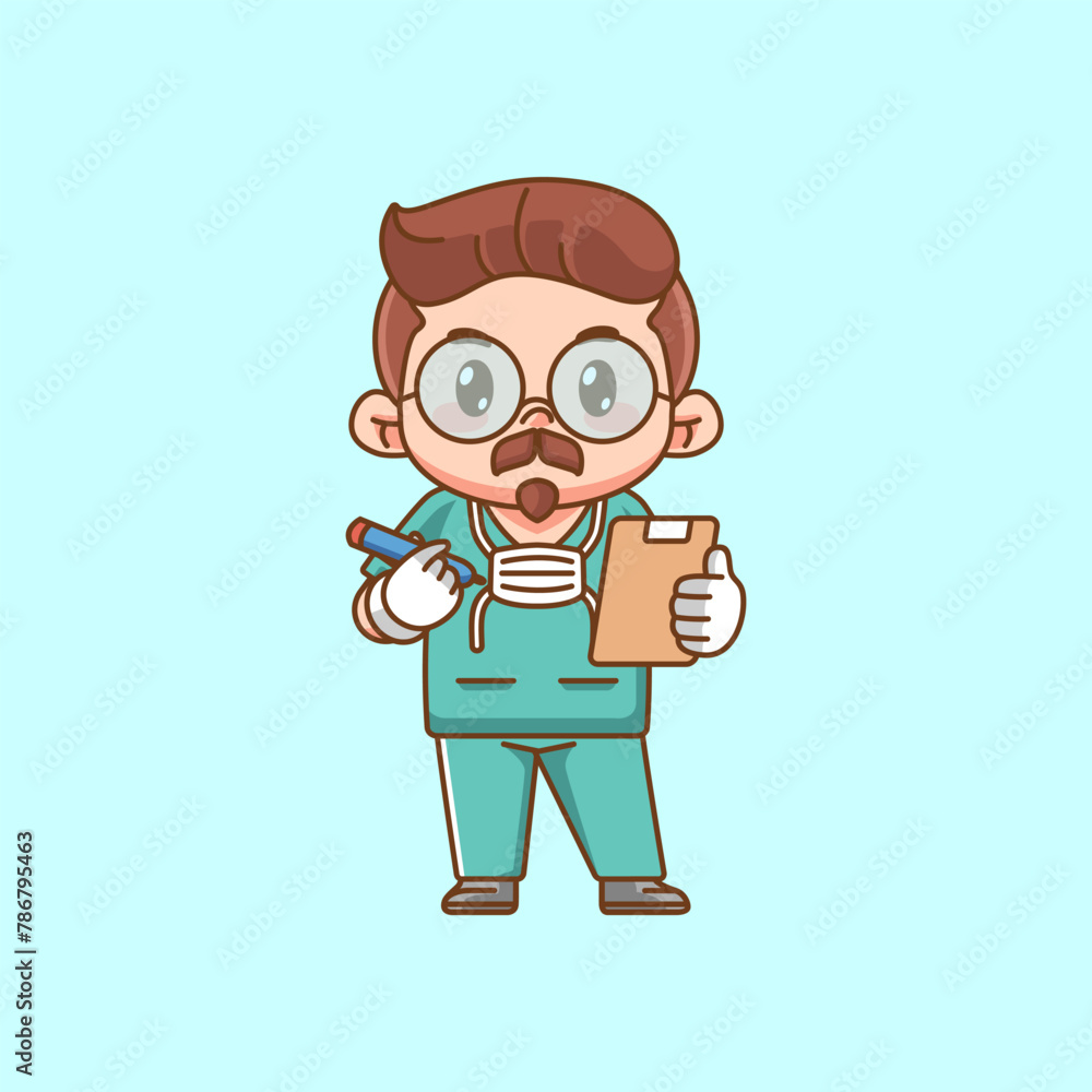 Cute doctor medical personnel take note character kawaii chibi character mascot illustration outline style design