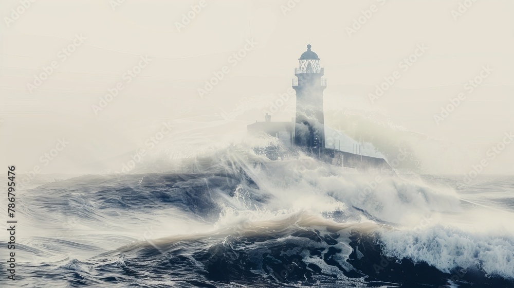 Low Angle View of Lighthouse and Waves in Double Exposure AI Generated.