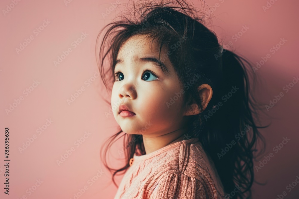Portrait of cute little asian girl with long hair on pink background Portrait of cute little asian girl with long hair on pink background
