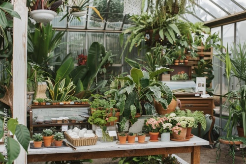 A botanical pop-up shop in a lush garden greenhouse, with exotic plants, floral arrangements, and botanical-inspired decor, Generative AI