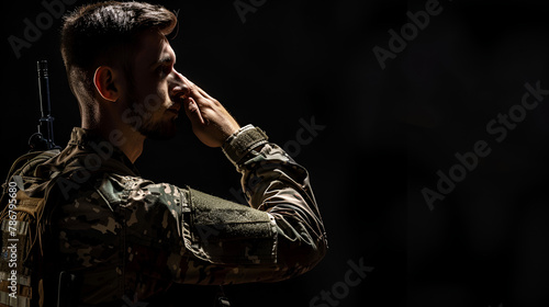 Sad American soldier in black background, Generative AI