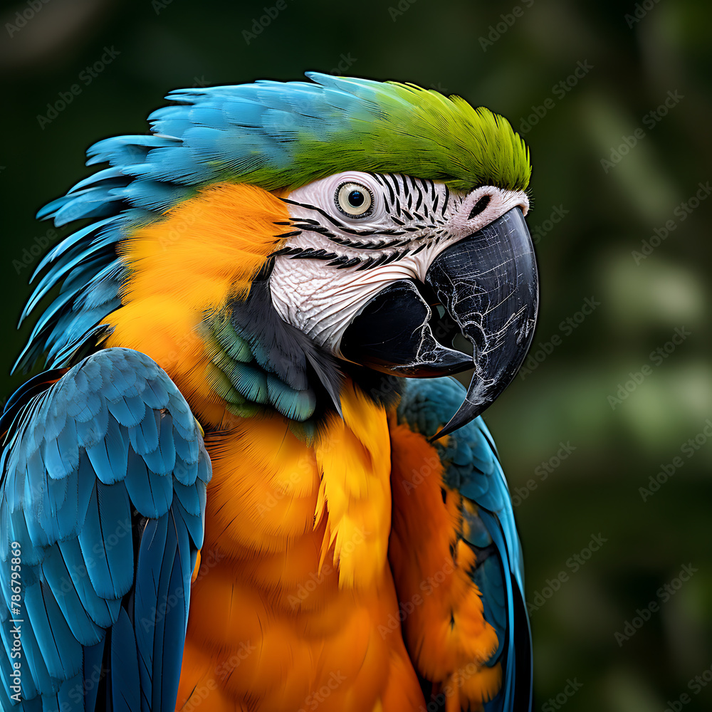 Fototapeta premium Beautiful macaw parrot isolated on green background. 3d rendering