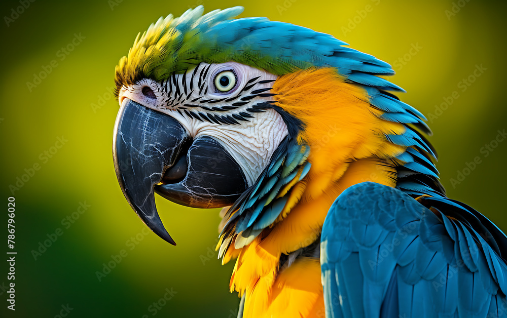 Fototapeta premium Beautiful macaw parrot isolated on green background. 3d rendering
