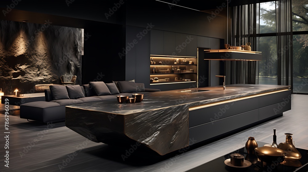 Luxury black and dark gold interior living room with modern minimalist Italian style open space kitchen with big long kitchen island 