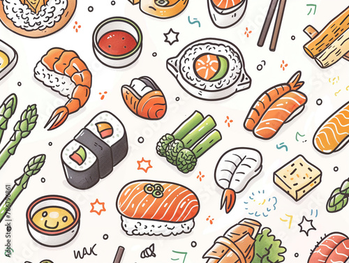 A white paper canvas filled with delightful doodles of food such as a sushi roll a pot of soup
