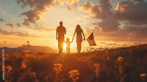 American family celebrates Independence Day with flag in front of Sun, Generative AI