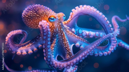 Octopus with long tentacles in the ocean. AI Generative. © Alisa