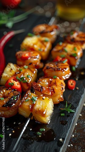 Beautiful presentation of Teriyaki glazed pineapple shrimp skewers, hyperrealistic food photography