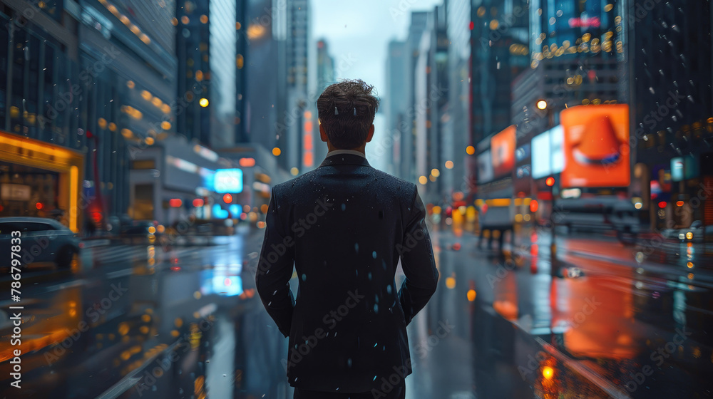 Rear view of businessman in formal suit standing facing futuristic city street and looking at reflection of skyscrapers Rear view of businessman in formal suit standing facing futuristic city street and looking at reflection of skyscrapers