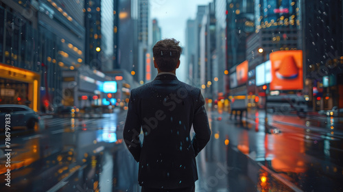 Rear view of businessman in formal suit standing facing futuristic city street and looking at reflection of skyscrapers