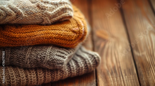 Cozy knitted sweaters on a wooden background evoke warmth  AI Generative.