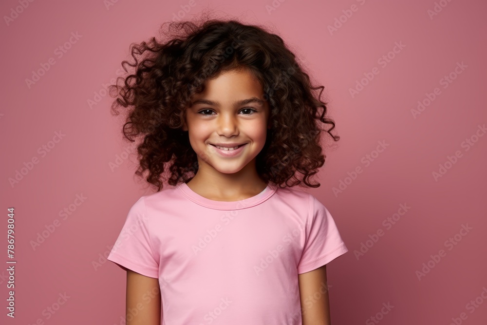 Portrait of a smiling little girl with curly hair against pink background Portrait of a smiling little girl with curly hair against pink background