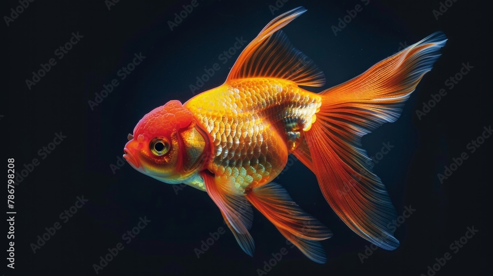 A lone goldfish exudes brilliance against the dark depths, capturing nature's simple elegance, AI Generative. A lone goldfish exudes brilliance against the dark depths, capturing nature's simple elegance, AI Generative.