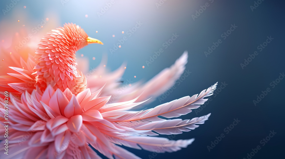 A beautiful pink bird with a long flowing tail made of feathers and flowers. - obrazy, fototapety, plakaty 