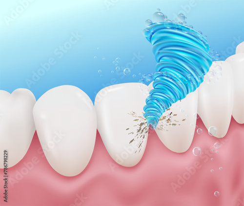 The power of washing removes dirt between the teeth. Used in advertising media for mouthwash, oral irrigators, toothbrushes. Realistic concept vector illustration file.