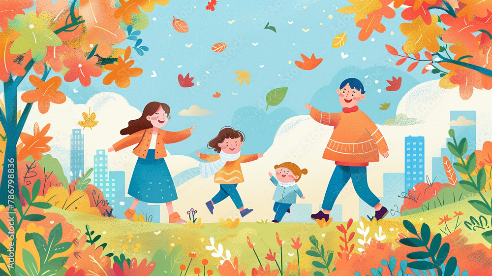 An illustration of a joyful family in a park setting cartoon style with dreamy visuals An illustration of a joyful family in a park setting cartoon style with dreamy visuals