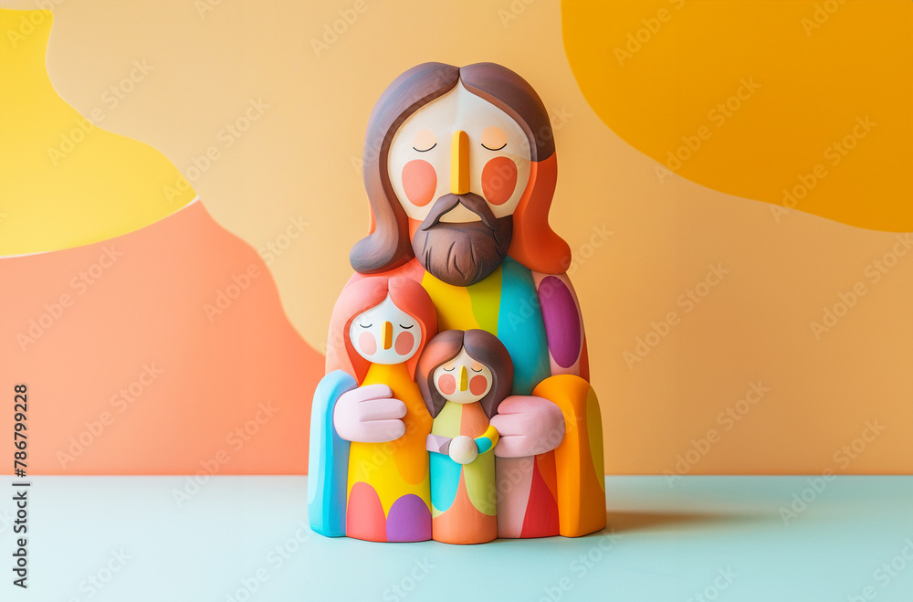Obraz premium Happy Jesus with 2 children lovely cartoon design style
