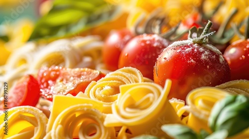 Types of pasta Pasta assortment with fresh tomatoes close up