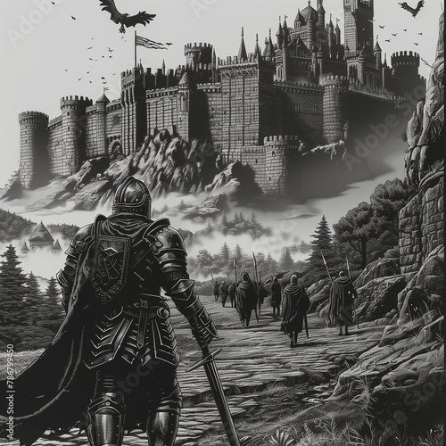 Armored Knight and Troops Marching to Castle