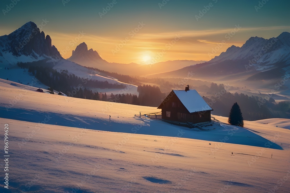 Panoramic morning view of Alpe di Siusi village. Majestic winter sunrise in Dolomite Alps. Superb landscape of ski resort, Italy, Europe. Beauty of nature Generative AI