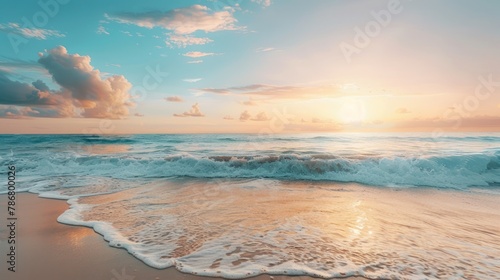 Tropical beach with smooth wave and sunset sky