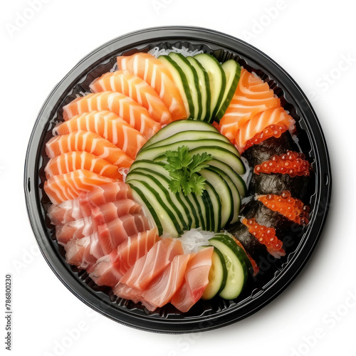 Assorted Sushi Platter with Fresh Sashimi, Rolls, and Sliced Vegetables