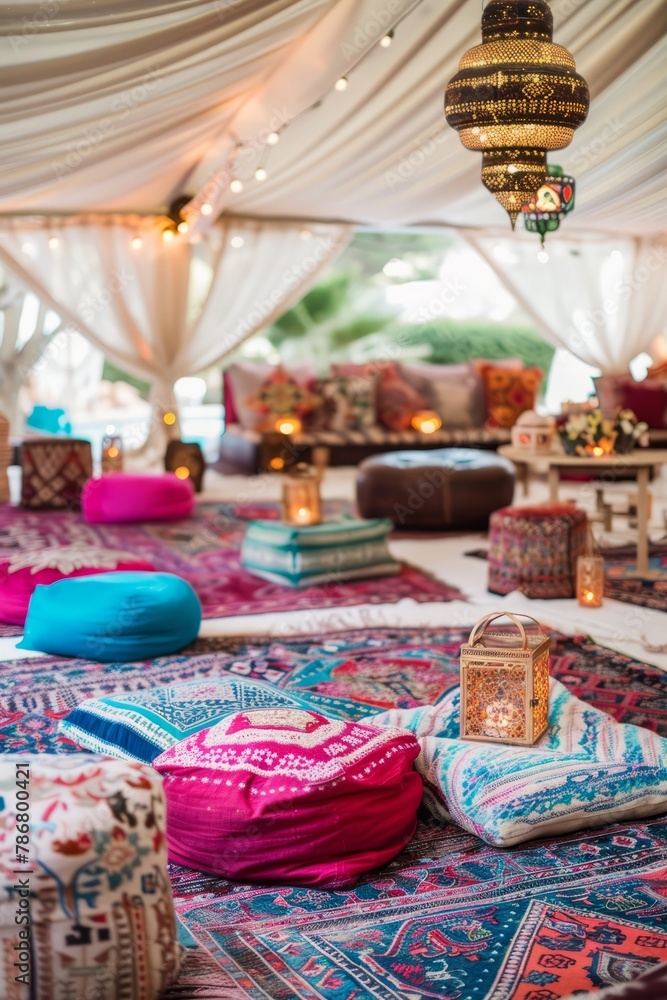 Fototapeta premium A Moroccan-inspired lounge with colorful poufs, patterned rugs, and ornate lanterns, Generative AI