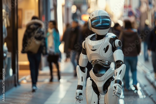 A robot walking on the street among people, Generative AI