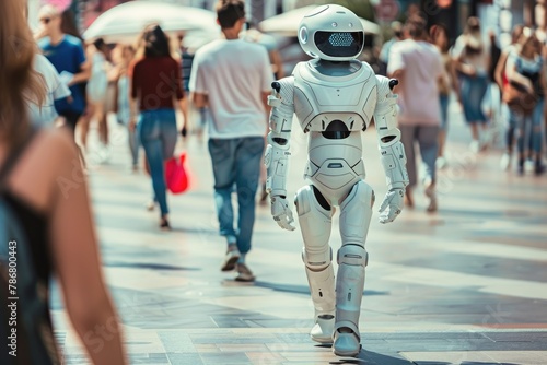 A robot walking on the street among people, Generative AI